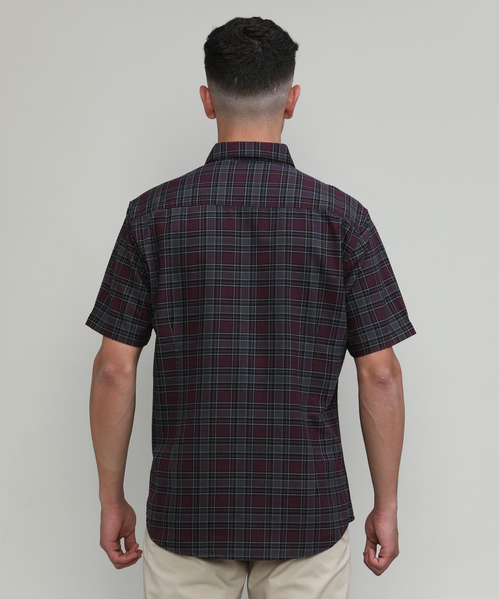 Wine Shade Slim Fit Premuim Cotton Checks Shirt With Pocket-SS25