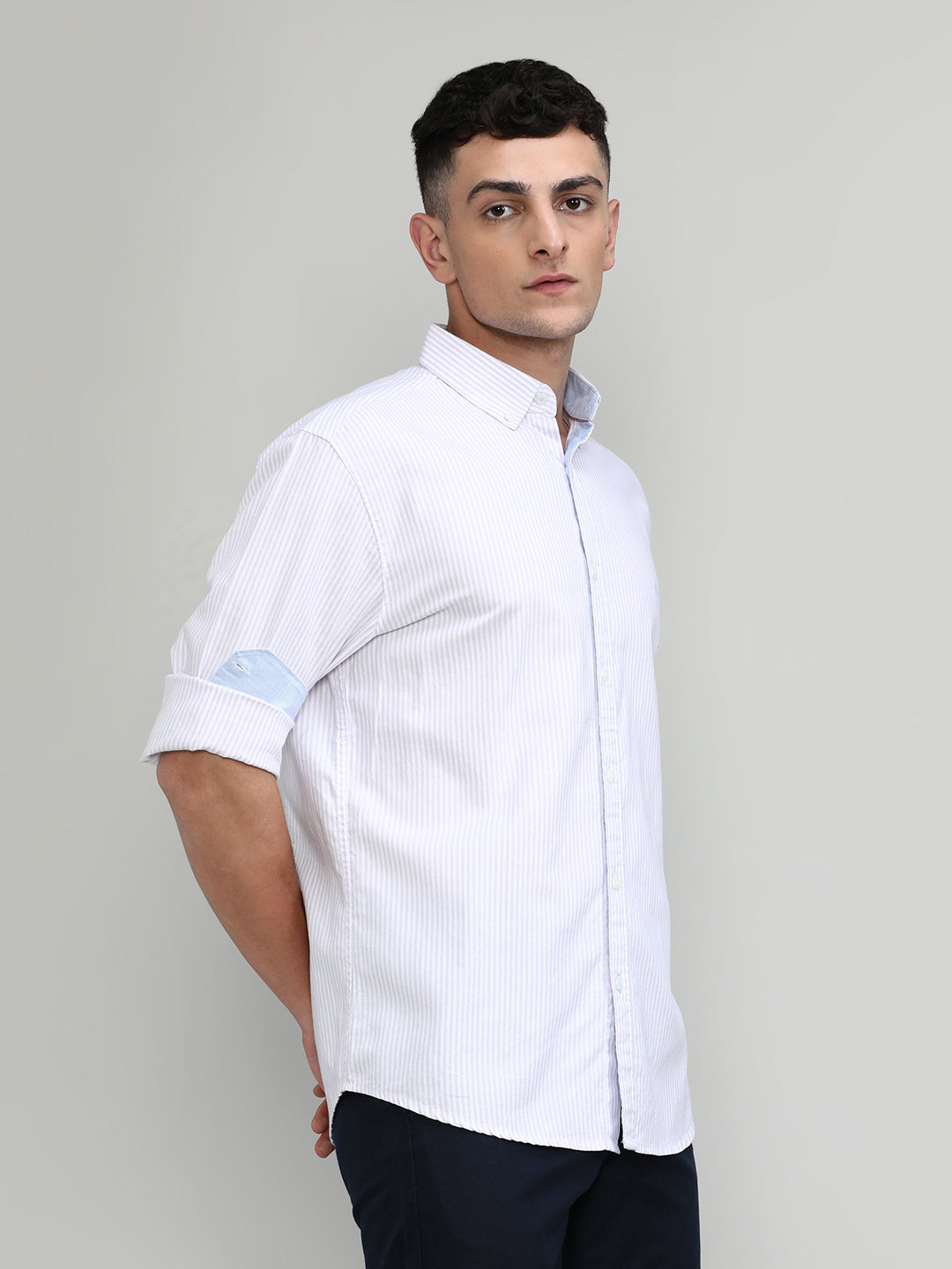Lilac Slim Fit Premuim Cotton Stripes Shirt With Button Down Collar