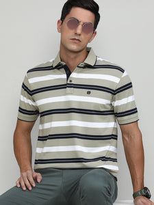 Sand Pique Cotton Lycra Stripes Polo T-shirt