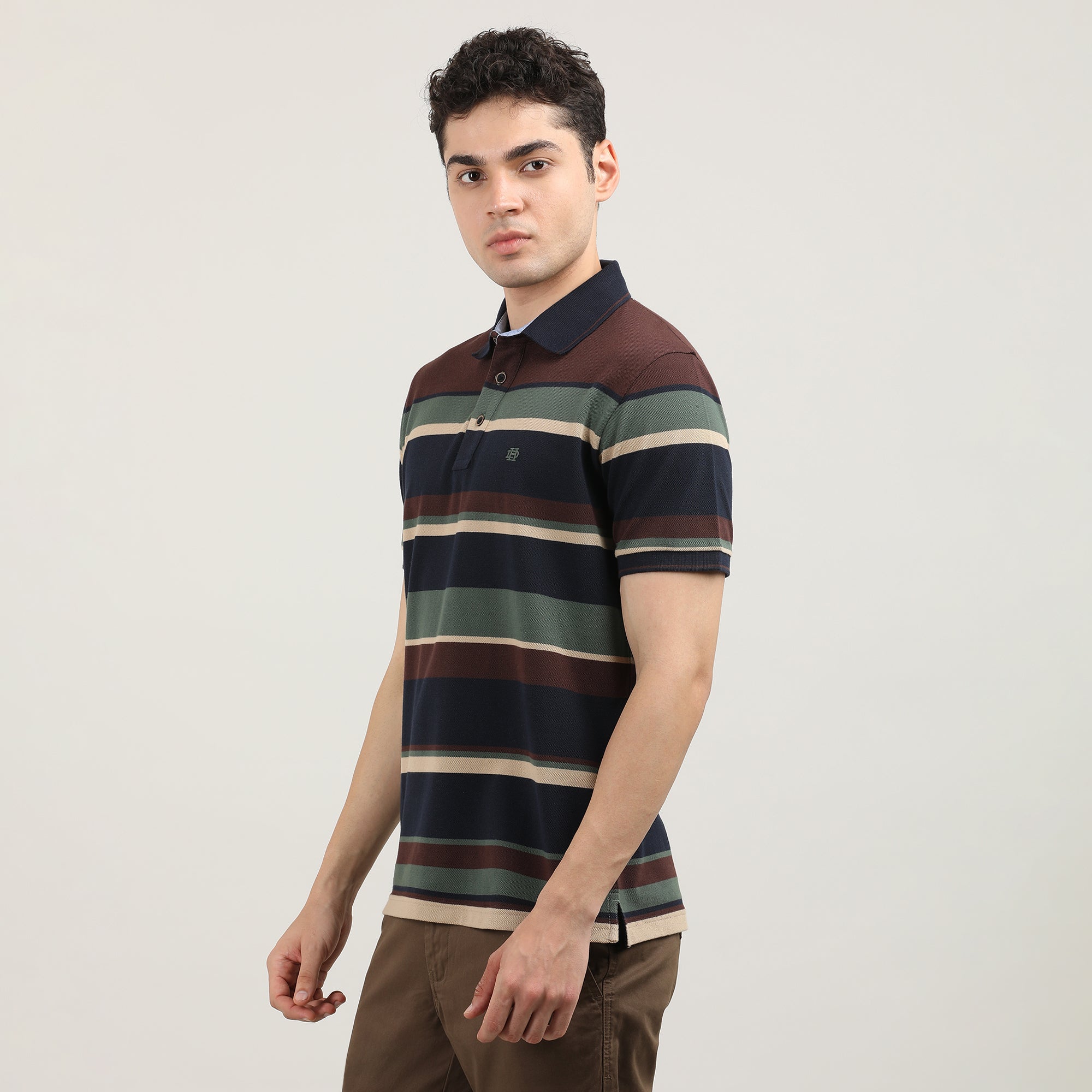 Navy Blue and Brown Pique Striped Polo T-shirt