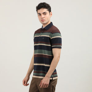 Navy Blue and Brown Pique Striped Polo T-shirt