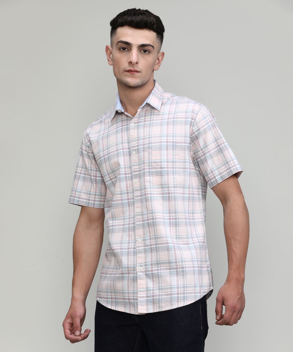 Peach Slim Fit Premuim Cotton Checks Shirt With Pocket