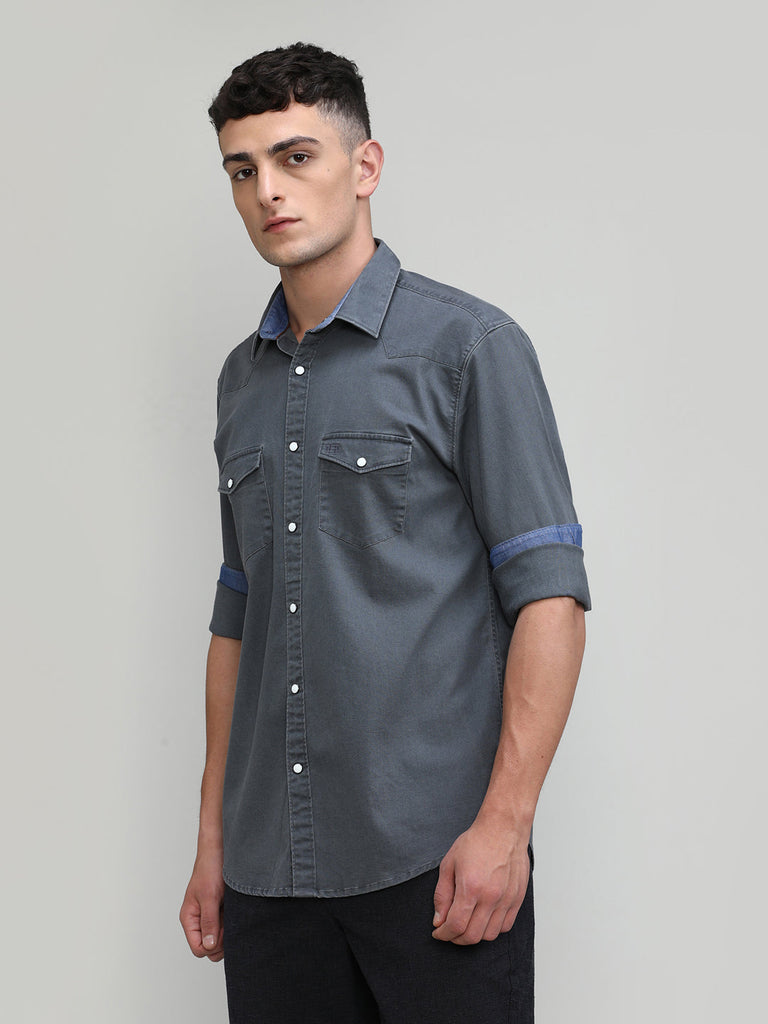 Cement Slim Fit Premium Cotton Lycra Solid Shirt With Pocket