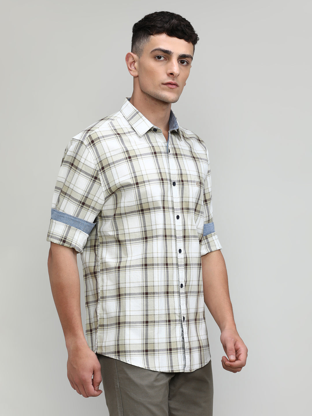 Fawn Shade Slim Fit Premuim Cotton Checks Shirt With Regular Pocket-SS25