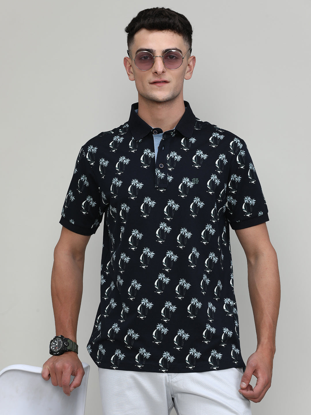 Navy Jersey Cotton Lycra Printed Polo T-shirt