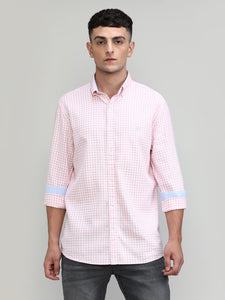 Pink Slim Fit Premuim Cotton Button Down Collar Checks Shirt