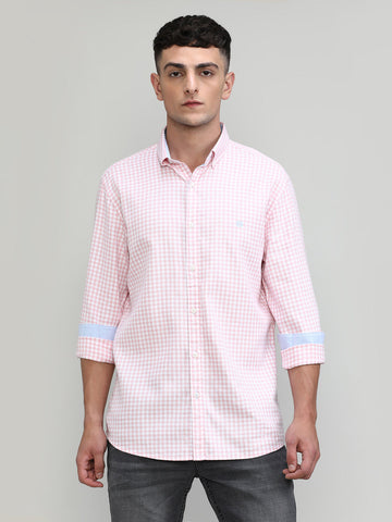 Pink Slim Fit Premuim Cotton Button Down Collar Checks Shirt