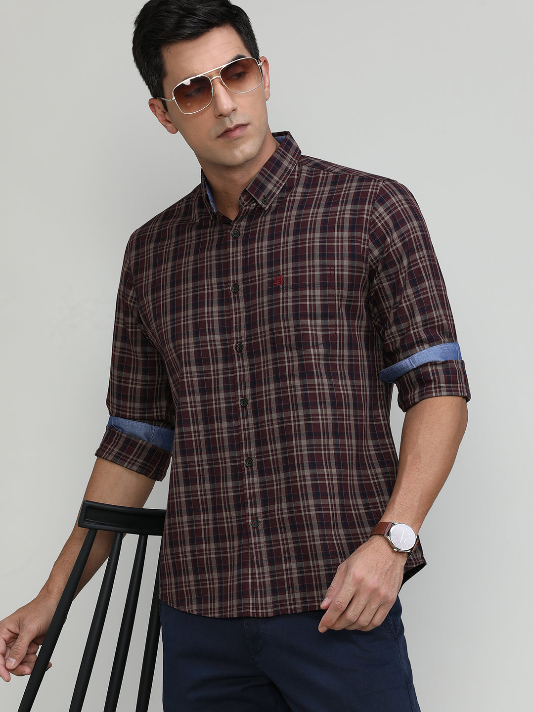 Maroon Slim Fit Premuim Cotton Checks Shirt With Button Down Collar & Pocket