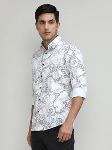 Exclusive Purple Collection White Slim Fit Printed Premium Cotton Shirt