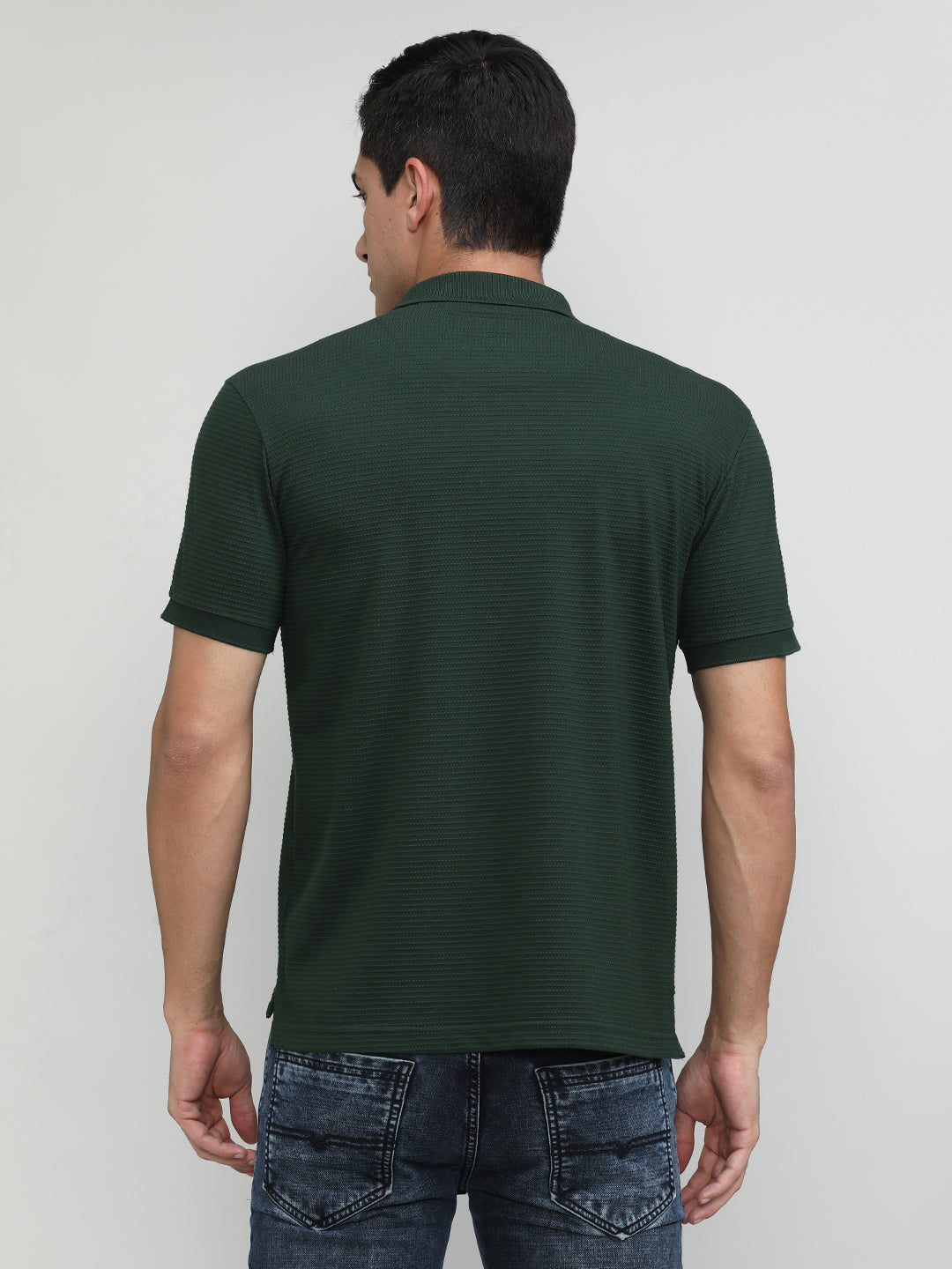 Bottle Green Popcorn Weave Cotton Lycra Solid Polo T-shirt