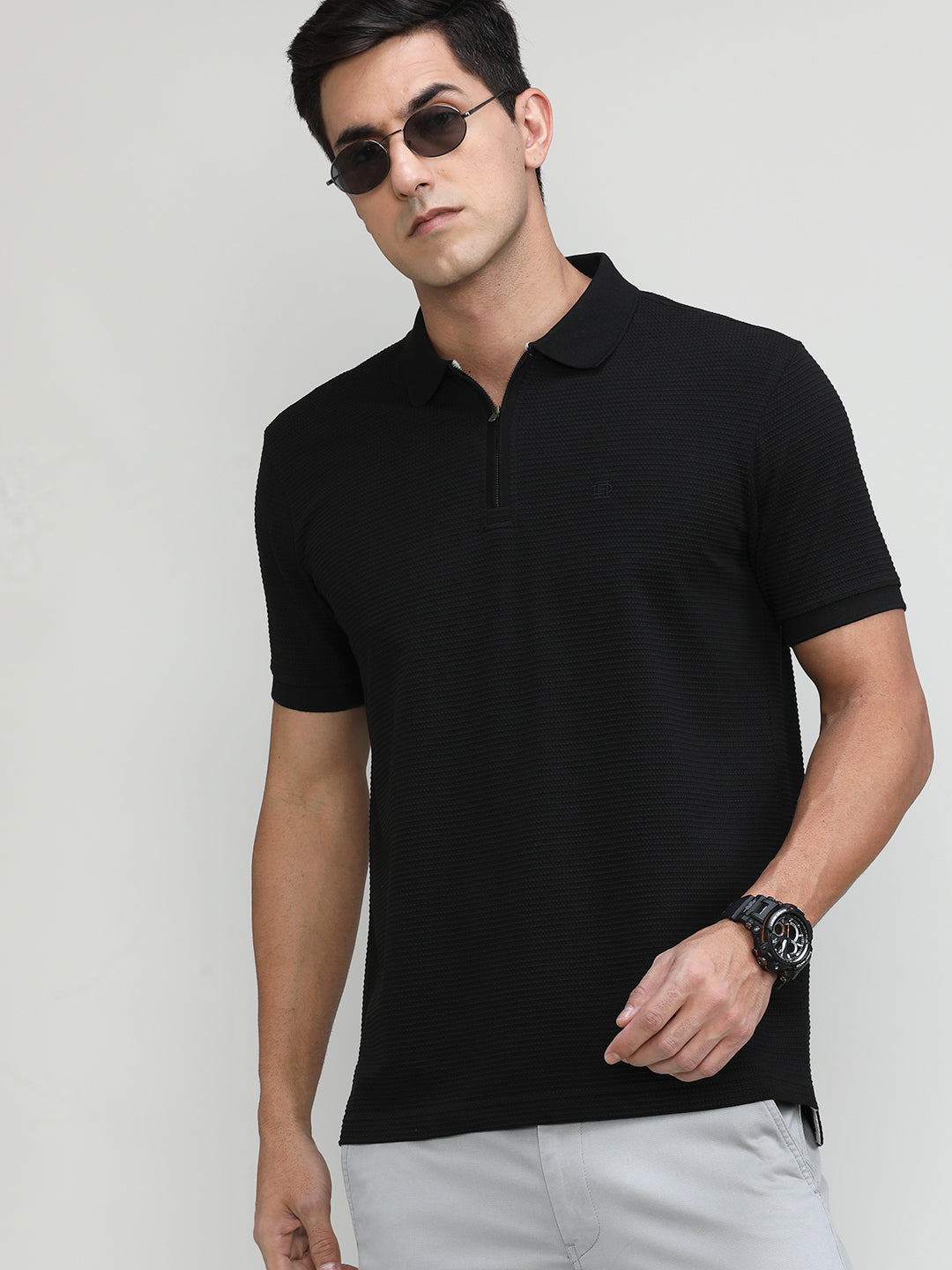 Navy Popcorn Weave Cotton Lycra Solid Polo T-shirt