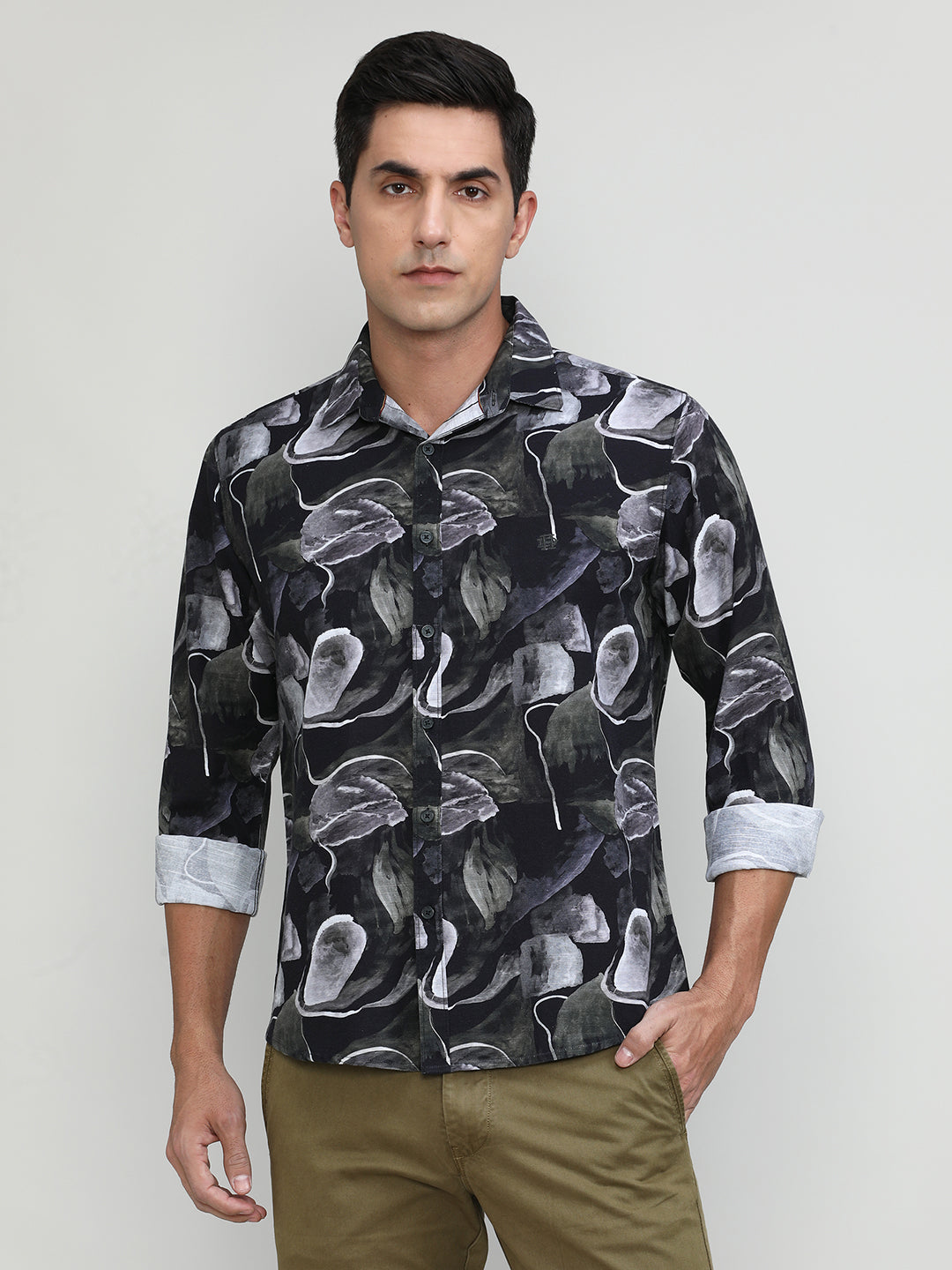 Black Slim Fit Premuim Cotton Printed Shirt With Bone Collar