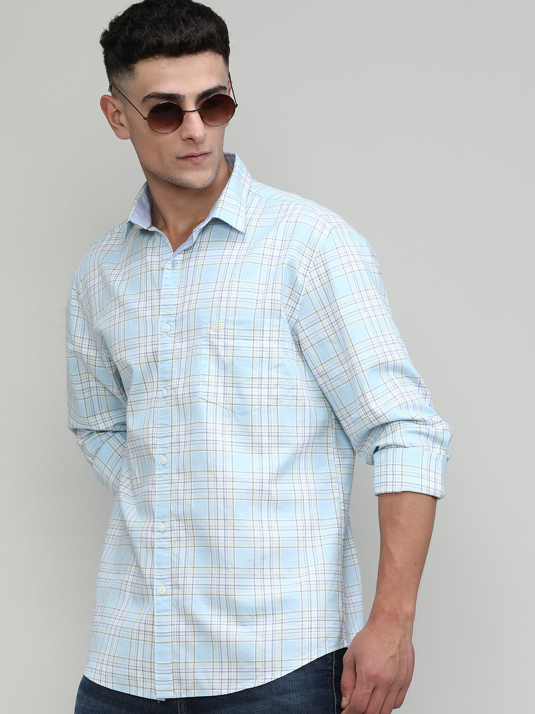 Aqua Shade Slim Fit Premuim Cotton Checks Shirt With Regular Pocket-SS25