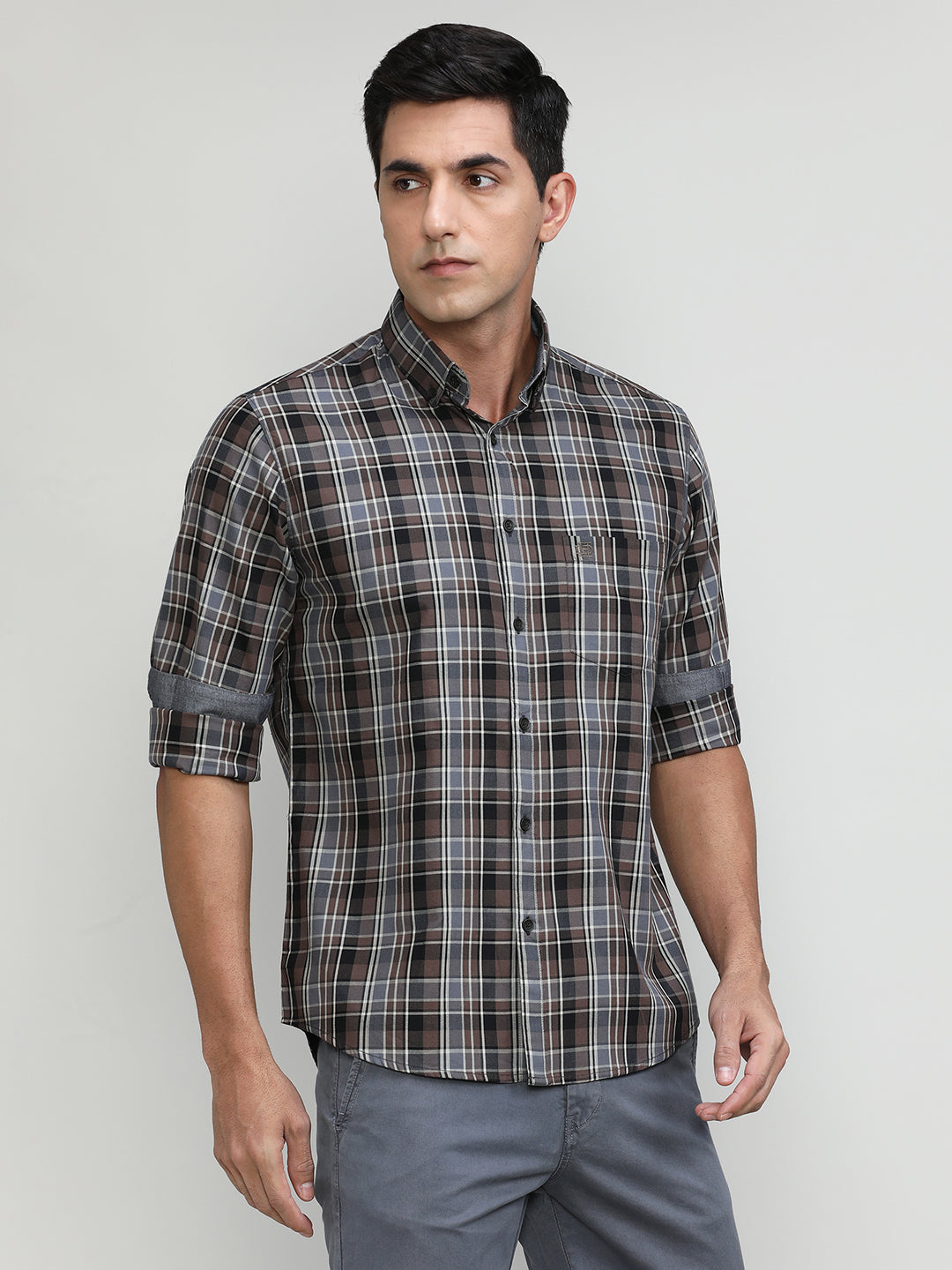 Wood Slim Fit Premuim Cotton Checks Shirt With Button Down Collar & Pocket