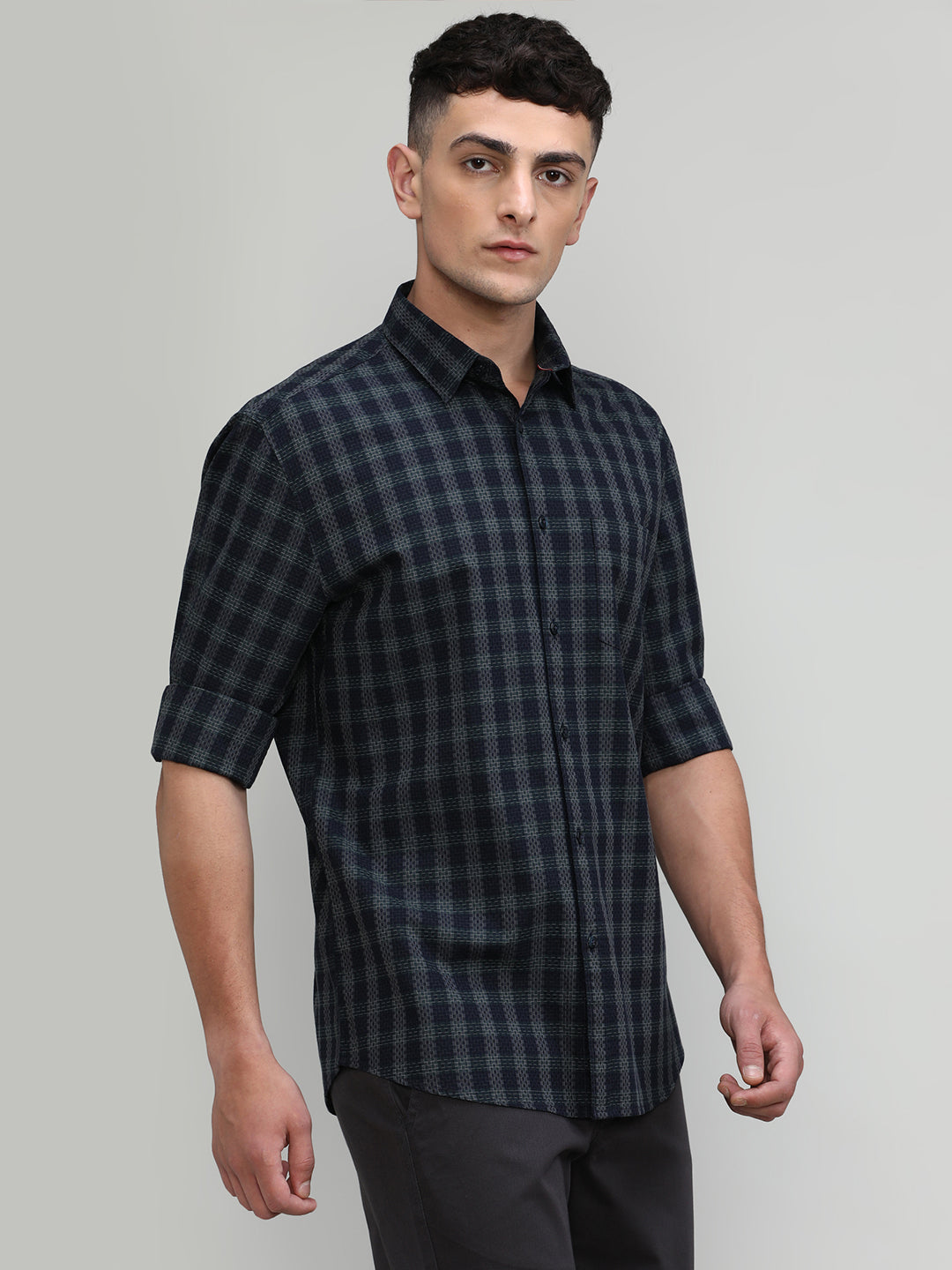 Exclusive Purple Collection Dark Navy Slim Fit Premium Cotton Checks Shirt