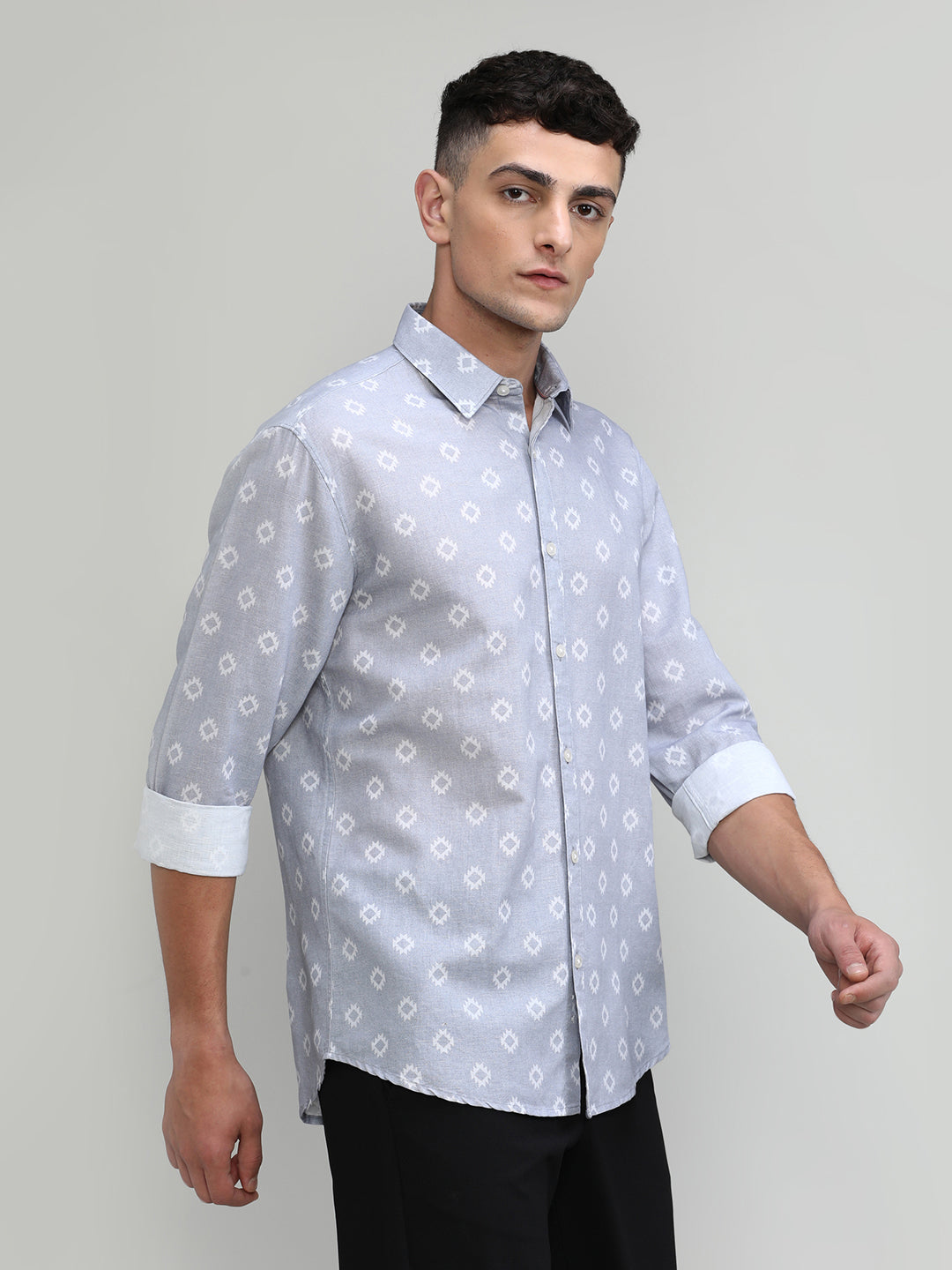 Exclusive Purple Collection Light Grey Slim Fit Printed Premium Cotton Linen Shirt