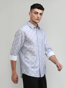 Exclusive Purple Collection Light Grey Slim Fit Printed Premium Cotton Linen Shirt