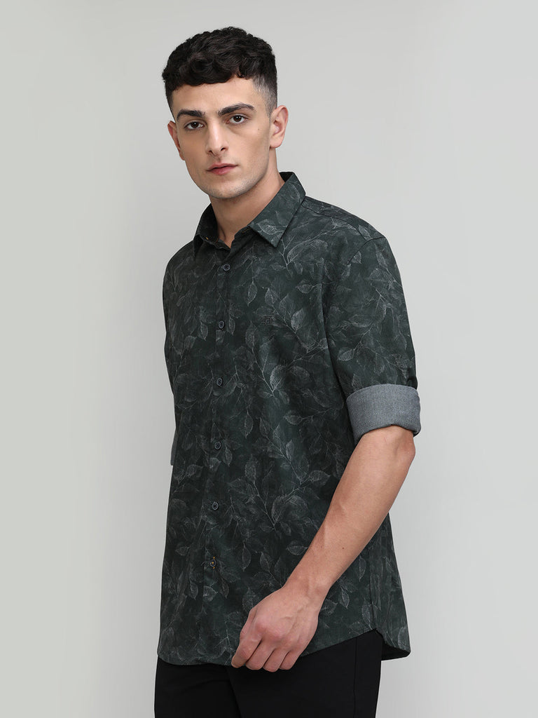 Bottle Green Slim Fit Premium Cotton Printed Shirt