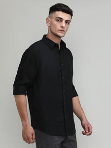 Black Slim Fit Premium Linen Solid Shirt-SS25