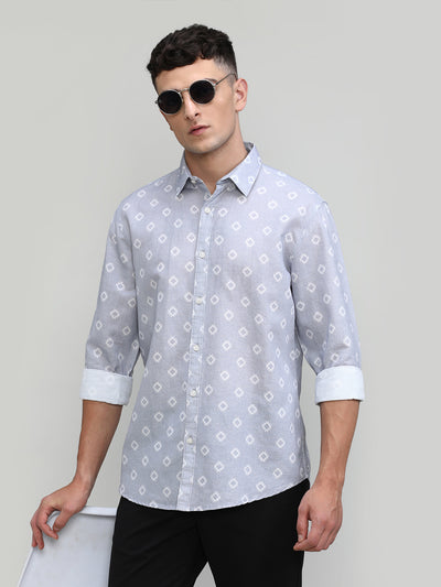 Exclusive Purple Collection Light Grey Slim Fit Printed Premium Cotton Linen Shirt