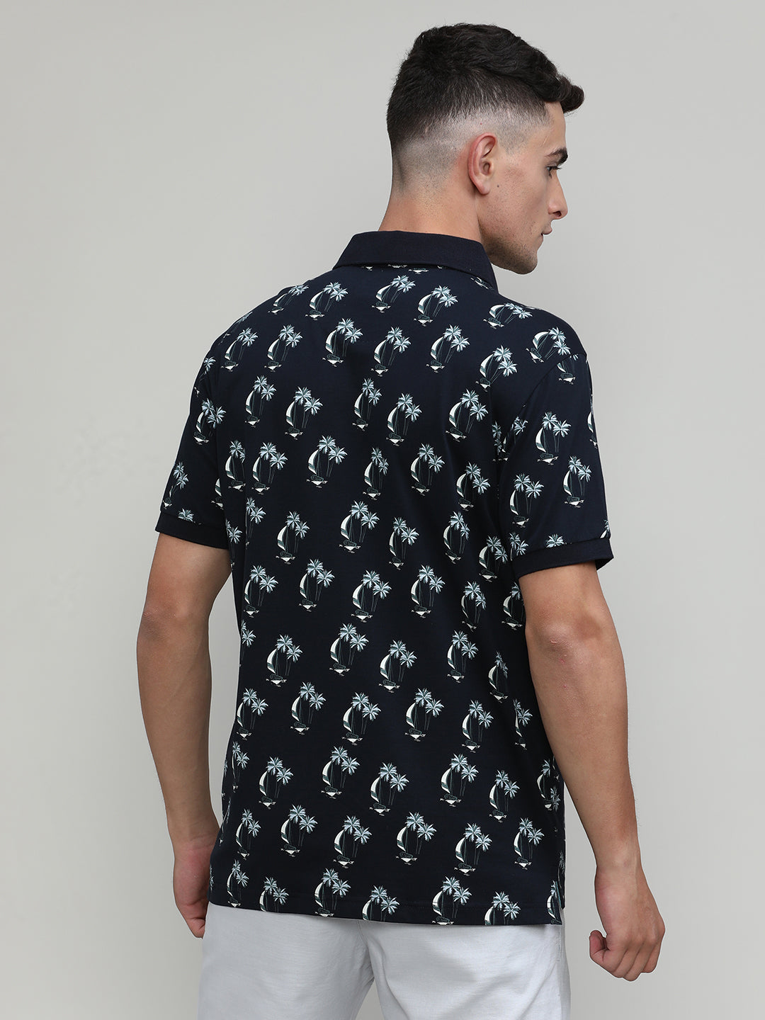 Navy Jersey Cotton Lycra Printed Polo T-shirt