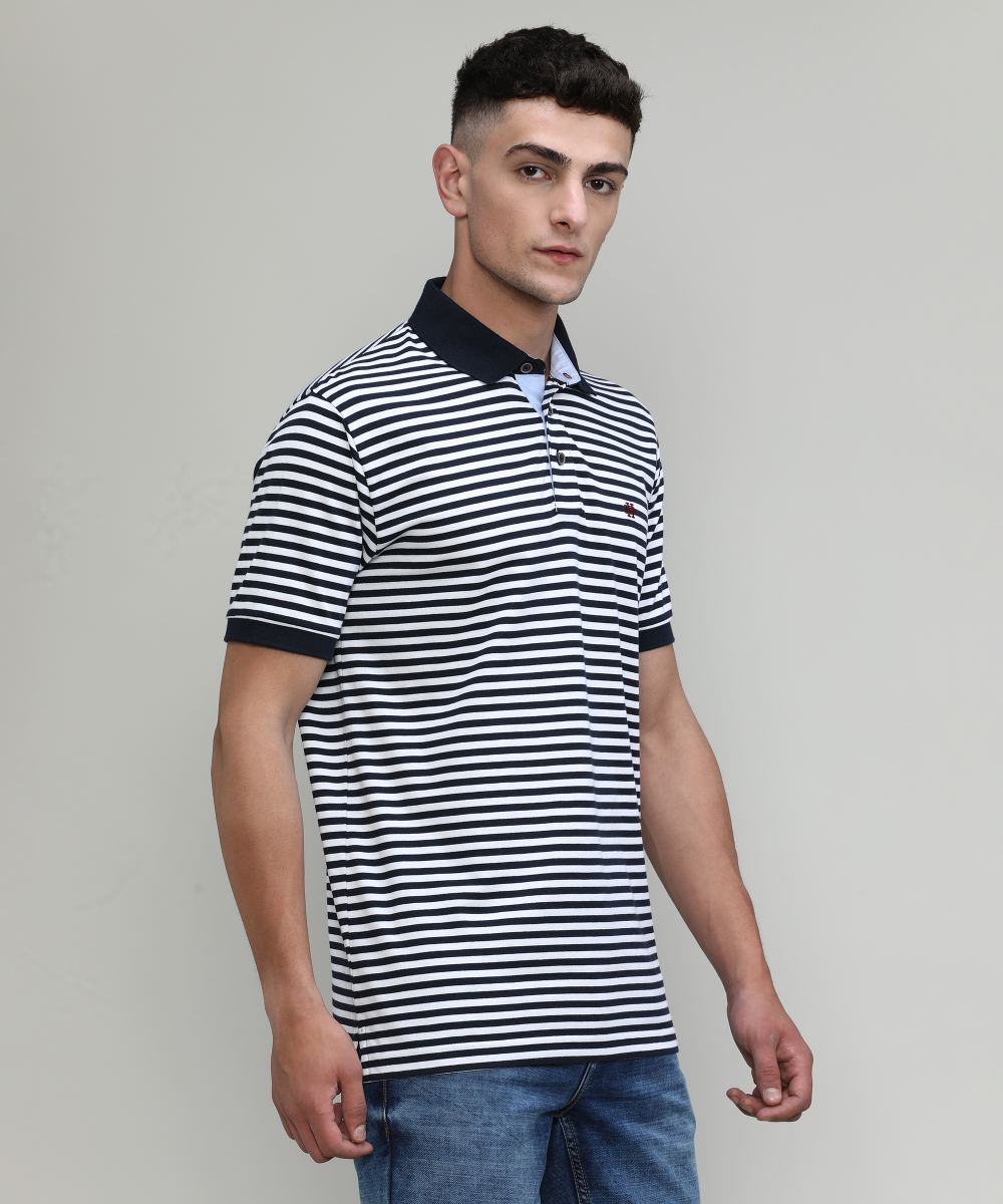Deep Navy Jersey Cotton Lycra Stripes Polo T-shirt
