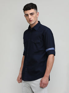 Black Slim Fit Premium Cotton Lycra Solid Shirt With Double Pocket