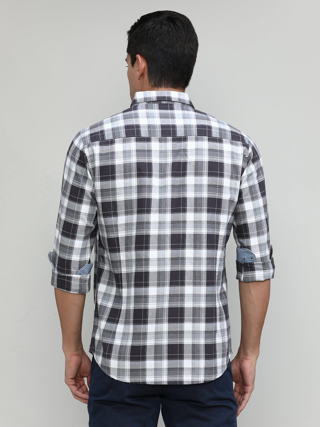 Charcoal Slim Fit Premuim Cotton Checks Shirt With Bone Collar & Pocket