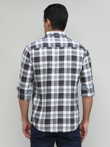 Charcoal Slim Fit Premuim Cotton Checks Shirt With Bone Collar & Pocket