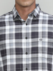 Charcoal Slim Fit Premuim Cotton Checks Shirt With Bone Collar & Pocket
