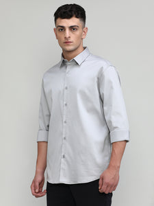 Grey Slim Fit Premium Satin Cotton Lycra Solid Shirt-SS25