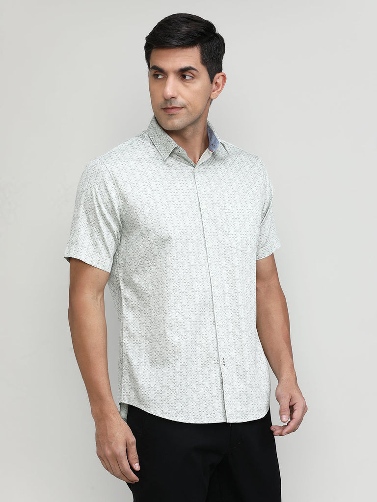 Light Olive Slim Fit Premium Cotton Printed Shirt With Pocket