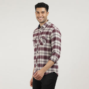 Wine Brushed Checks Shirt With Double Pocket