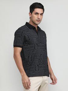Black Jersey Cotton Lycra Printed Polo T-shirt
