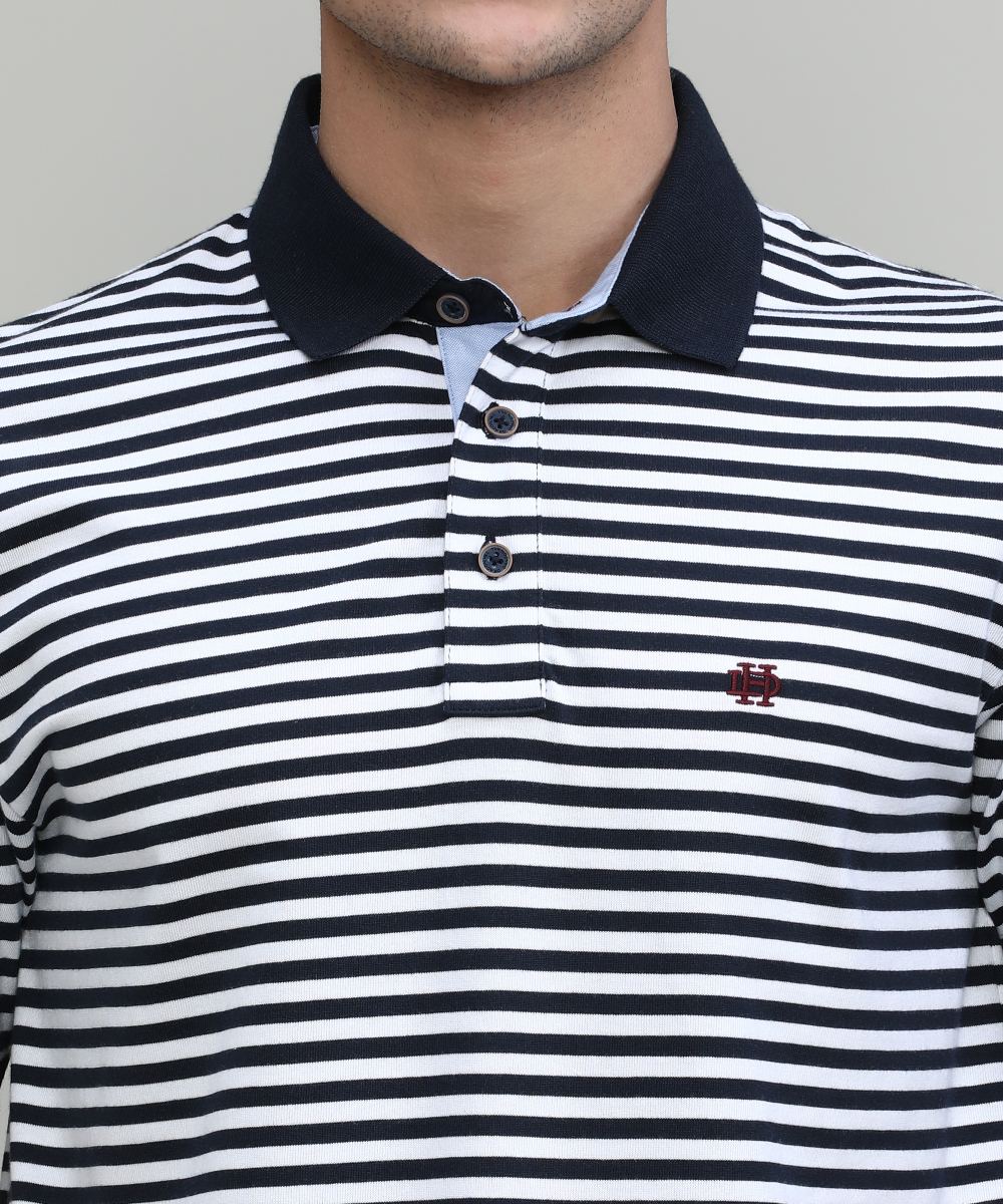 Deep Navy Jersey Cotton Lycra Stripes Polo T-shirt