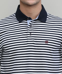 Deep Navy Jersey Cotton Lycra Stripes Polo T-shirt