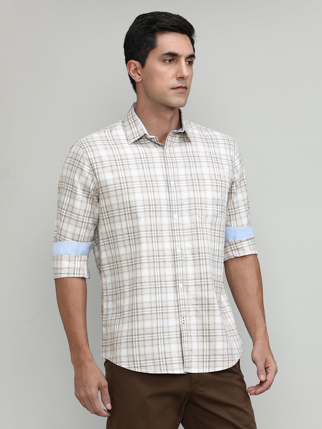 Beige Slim Fit Premuim Cotton Checks Shirt With Bone Collar & Pocket