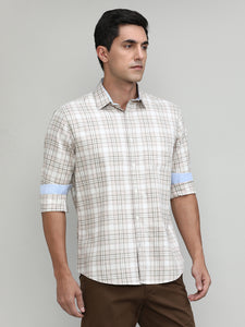 Beige Slim Fit Premuim Cotton Checks Shirt With Bone Collar & Pocket