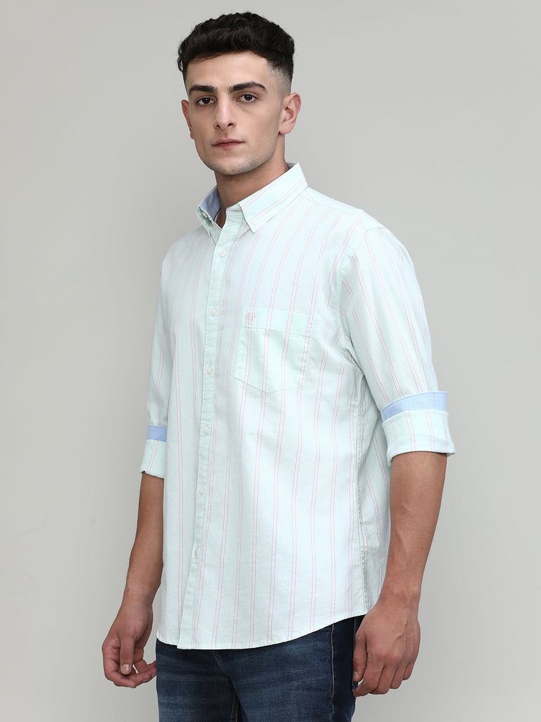 Pistachio Slim Fit Premium Cotton Lycra Stripe Shirt With Pocket