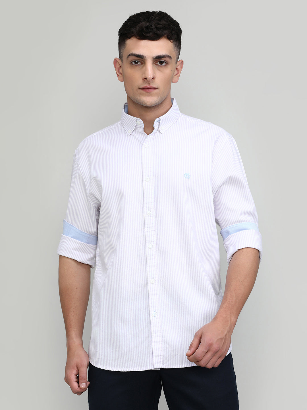 Lilac Slim Fit Premuim Cotton Stripes Shirt With Button Down Collar