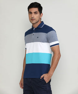 Marine Pique Cotton Lycra Stripes Polo T-shirt