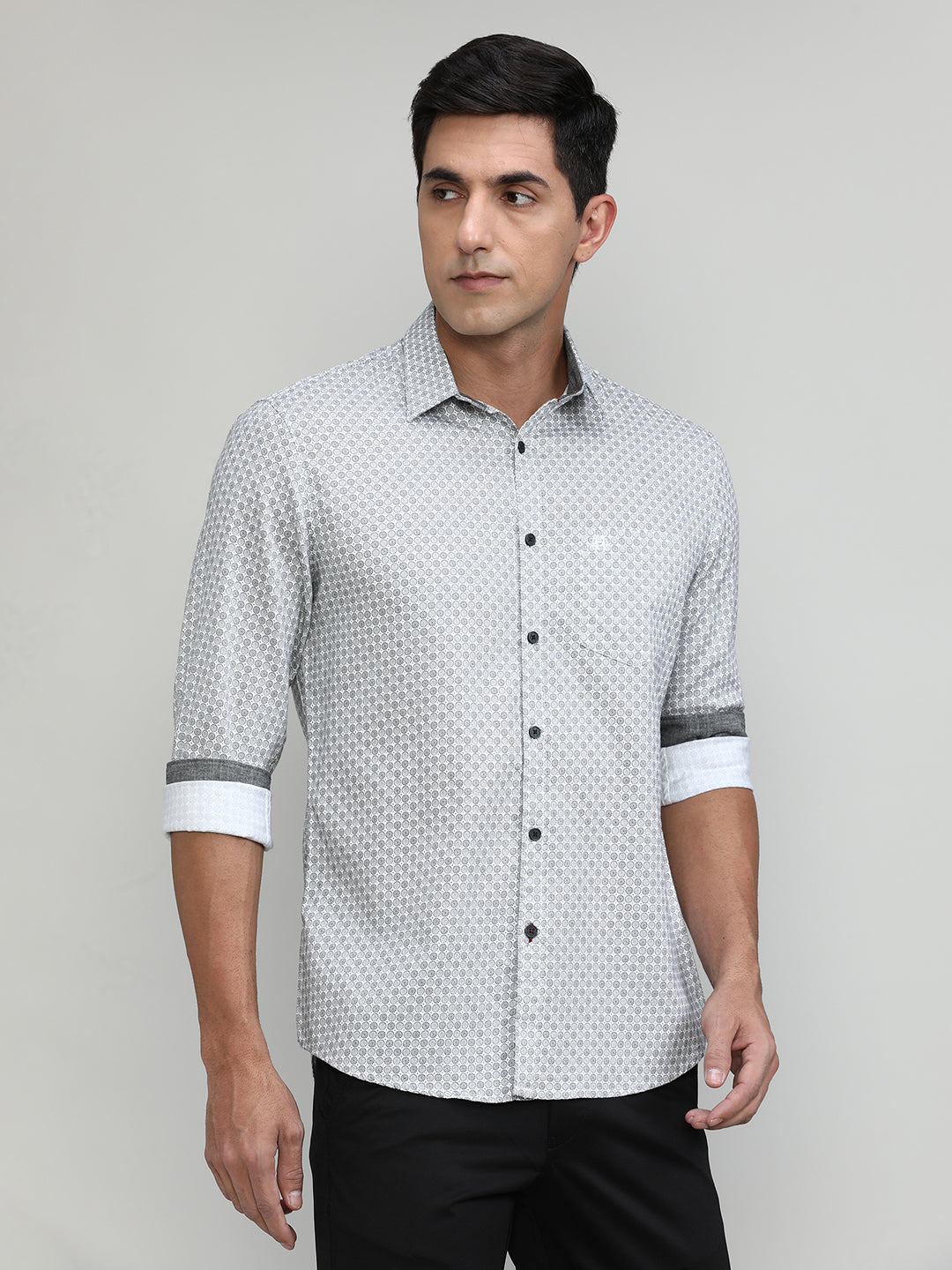Black Slim Fit Premuim Cotton Printed Shirt With Bone Collar & Pocket