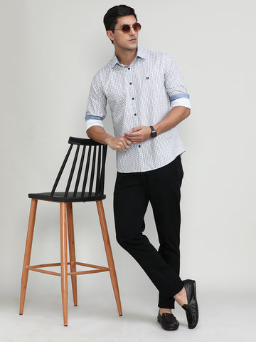 White Slim Fit Premium Cotton Printed Shirt -SS25