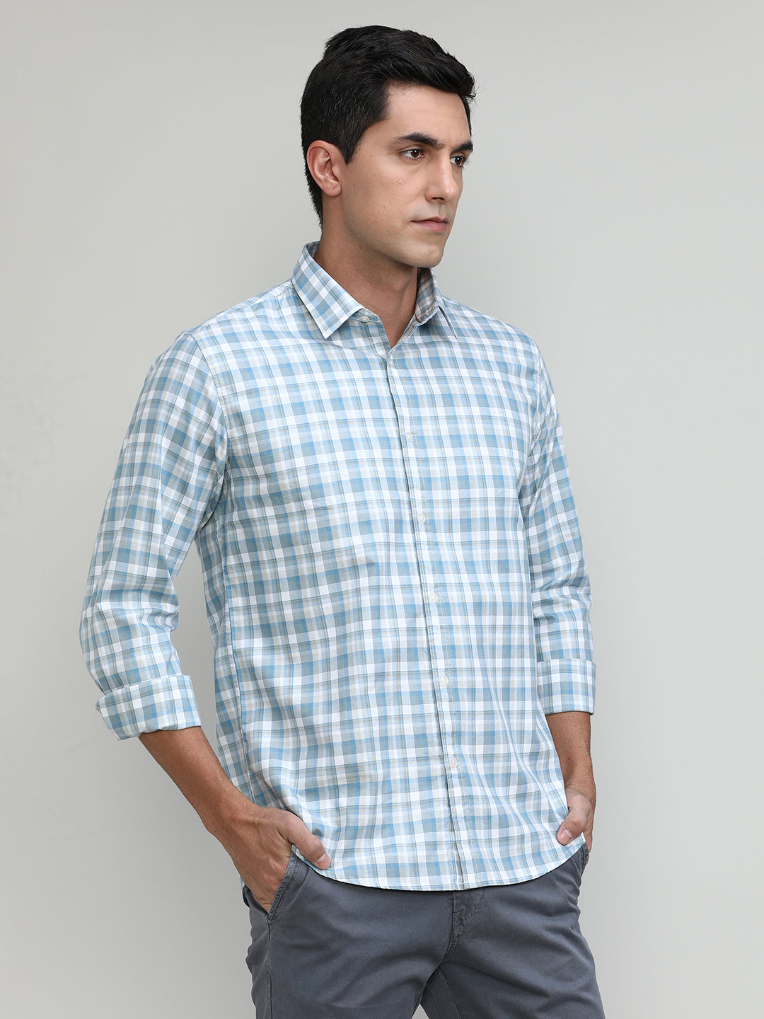 Exclusive Purple Collection Water Blue Slim Fit Premuim Cotton Checks Shirt