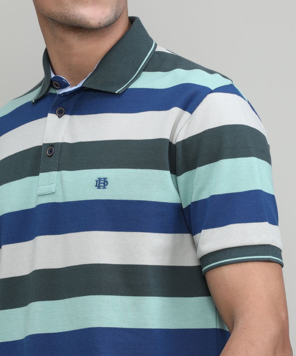 Fern Pique Cotton Lycra Stripes Polo T-shirt