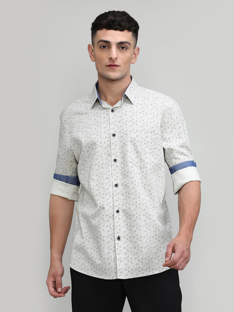 Beige Slim Fit Premium Cotton Printed Shirt With Pocket