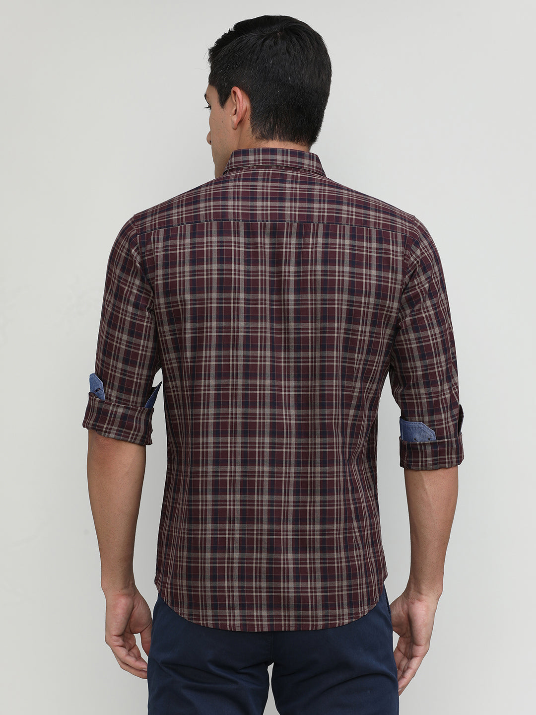 Maroon Slim Fit Premuim Cotton Checks Shirt With Button Down Collar & Pocket