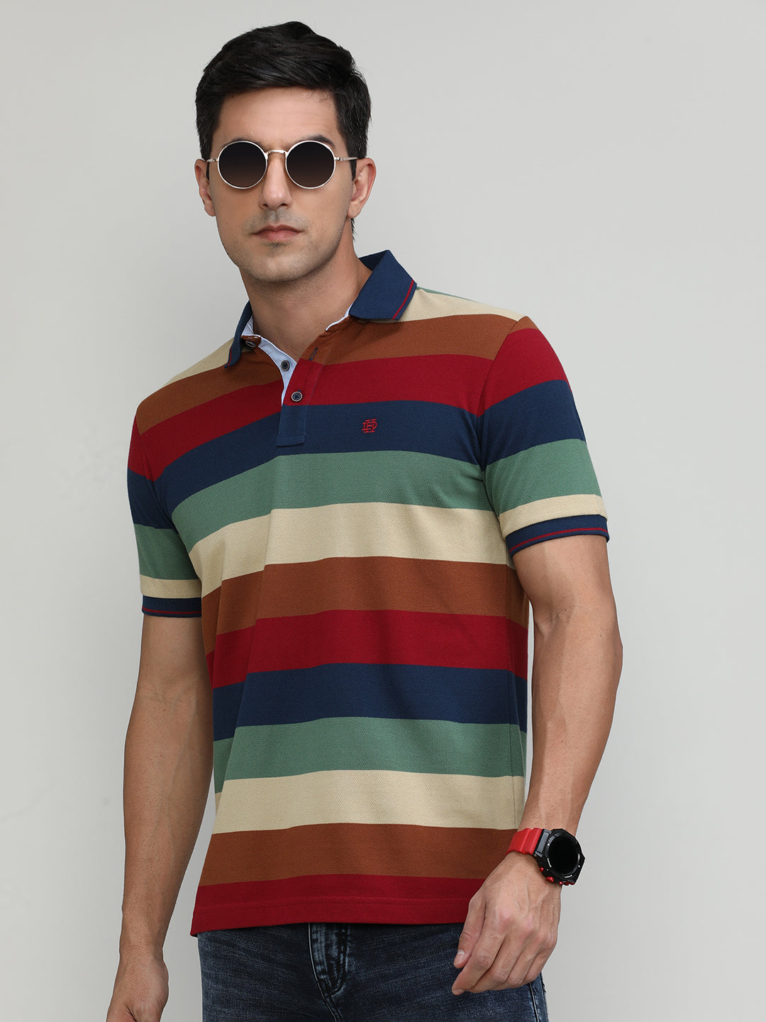 Maroon Pique Cotton Lycra Stripes Polo T-shirt