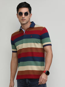 Maroon Pique Cotton Lycra Stripes Polo T-shirt