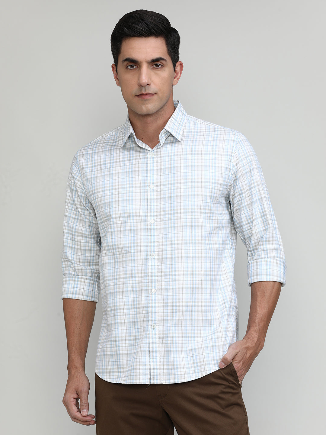 Sky Slim Fit Premuim Cotton Checks Shirt With Button Down Collar & Pocket